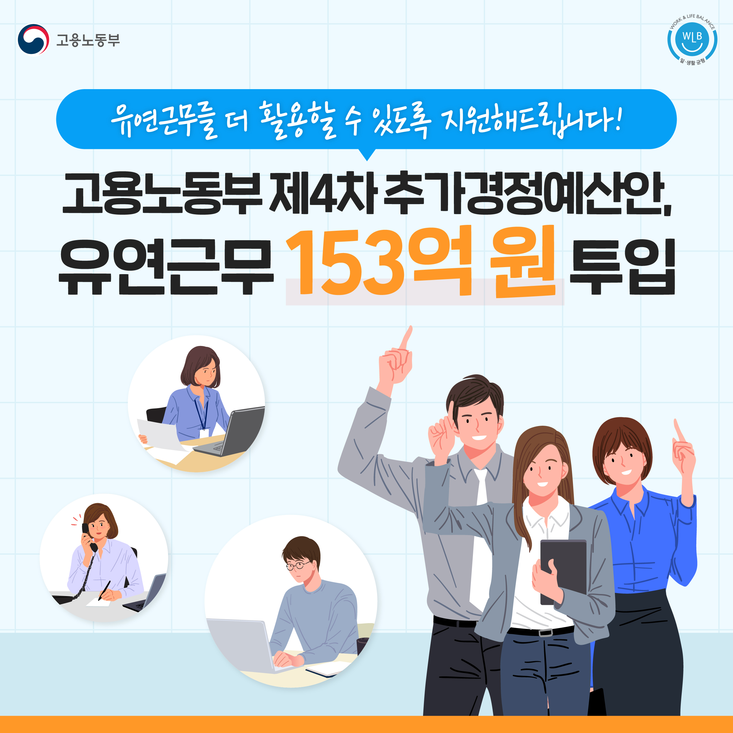 유연근무를 더 활용할 수 있도록 지원해드립니다!  고용노동부 제4차 추경안, 유연근무 15억 원 투입_[카드뉴스]
